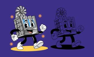 retro cartoon mascot set hydroelectric water dam,ideal for projects related to hydropower illustration vector