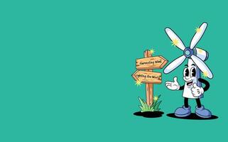 retro wind turbine mascot alongside a wooden signpost.conveys the message to transition to renewable energy for global.sustainable power, environment awareness vector