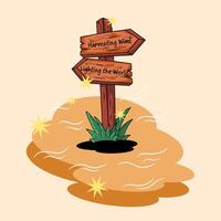 wooden signpost standing in a barren, windy landscape with wild grass.Perfect for projects related to wind power, renewable energy, environmental conservation, green technology. vector