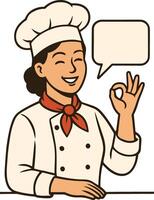 Smiling Female Cartoon Chef Showing OK Sign with Speech Bubble vector