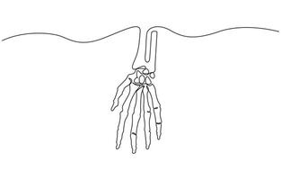 Continuous line drawing of hand skeleton, Black and white minimalist illustration of Halloween concept. vector