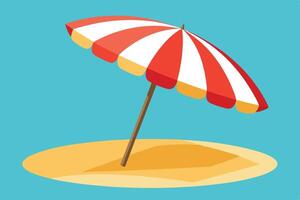 Serene Red and White Striped Beach Umbrella Providing Shade on Sunny Sandy Beach - Professional digital artwork with vibrant colors and detailed composition vector