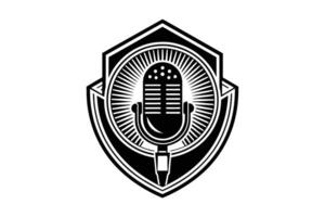 Dramatic Black and White Microphone Emblem Design Retro Style Shield Badge for Podcast, Radio, or Music Show vector