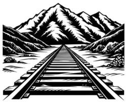 Dramatic Black and White Illustration of a Railroad Track Vanishing into Majestic Mountains under a Serene Sky vector