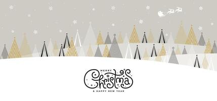 Minimalist Christmas landscape with line art trees in gold, black, and white tones. Snowflakes fall gently over a soft grey background. vector