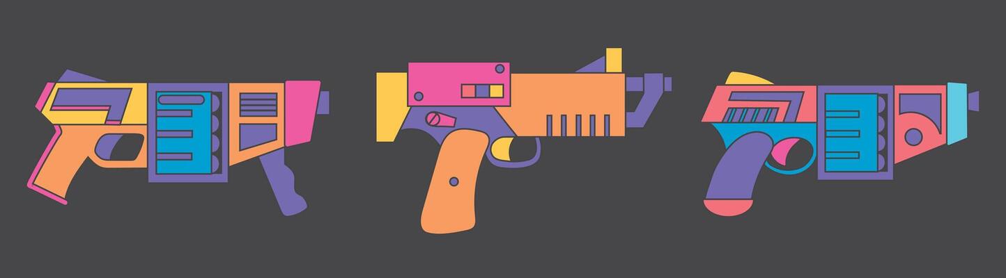 Set collection of laser gun blaster future weapon in neon colors icon clipart avatar logotype isolated illustration