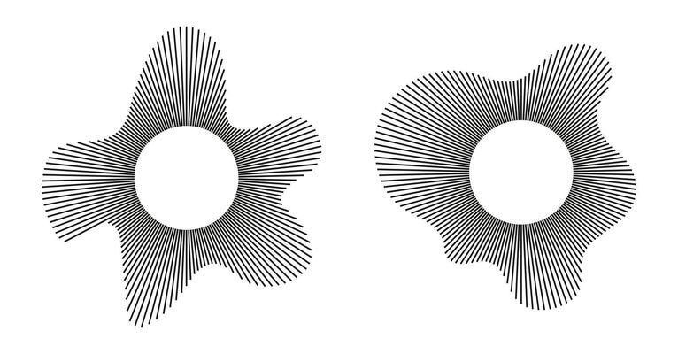 Radial wavy frame set. Circular waves. Sound lines patterns. Circle graphic thin rings. Radial rays. Design elements. Equalizer logo icons, radial spectrum. Voice simple symbol. Depicting audio music.