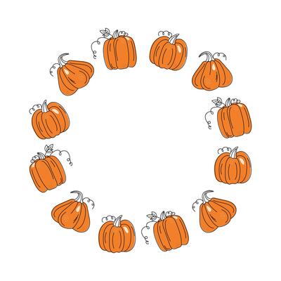 Pumpkin, round frame, harvest vegetables. Banners, posters with space for text. Harvest festival, Halloween. Drawing, doodle. Diet vegetarian natural food, isolated background.
