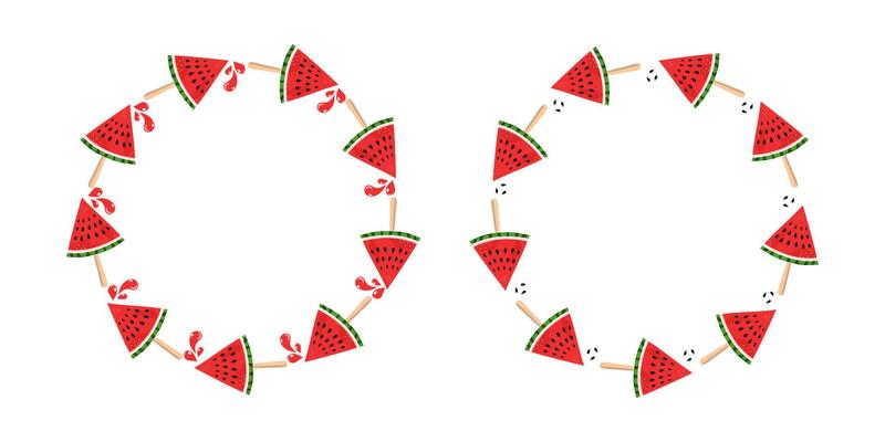 Watermelon round frame, summer. Set of banners, posters with space for text. Food slices. Sliced juicy fruits, berries. Cold dessert. Diet food, isolated background. Harvest, drops of juice.