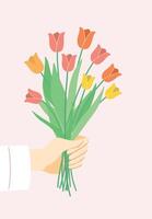 Hand holding colorful tulips bouquet in celebration of happy spring design illustration editable for use vector