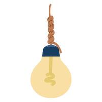 Hand drawn energy saving bulb hanging on a rope on a white background, light bulb illustration. Warm yellow color bulb vector