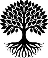 A stylized black and white illustration of a tree with lush leaves and intricate roots. vector