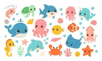 A collection of cartoon sea creatures including a whale, octopus, and crab. Scene is playful and lighthearted vector