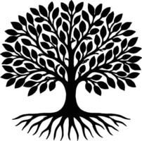 A majestic black silhouette of a tree with sprawling roots and lush foliage, symbolizing growth and strength. vector