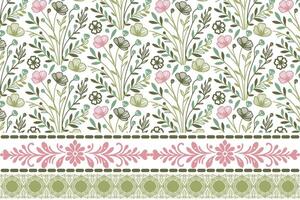 modern floral sketch motif. embroidery style border pattern. one line botanical repeat design. textile concept for fashion and bedding vector