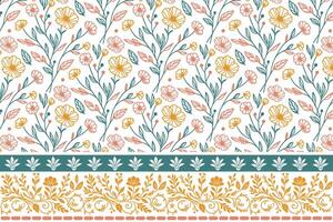 elegant botanical embroidery. outline flowers and leaves in line art. one line border pattern in repeat. textile surface for interior and wear vector