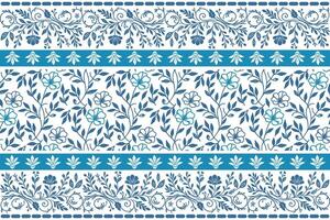 abstract petal and leaf design in continuous blue line art with structured border accenting for fashion textiles vector
