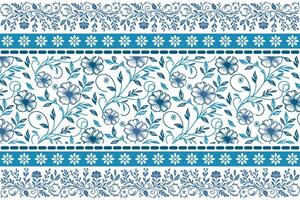 botanical line art design in blue with simple petal strokes framed by ornamental embroidered style borders vector
