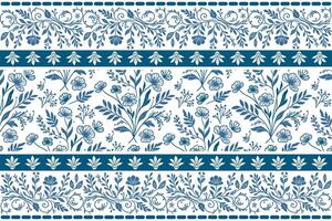 delicate line art floral pattern in blue with leaf illustrations framed by a fine stitched border on white background vector