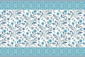 abstract floral layout in single blue line style with refined botanical border for bedding and apparel textiles vector