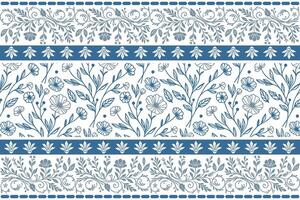 linear blue botanical pattern with soft floral sketches framed by structured ornamental borders for fabric printing vector