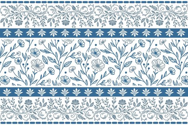 linear blue botanical pattern with soft floral sketches framed by structured ornamental borders for fabric printing