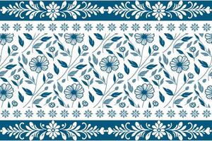 abstract botanical pattern with single line blue flowers and ornamental border designed for pillow covers and aprons vector