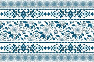continuous line botanical drawing in blue with floral border framing perfect for fashion and interior fabric use vector