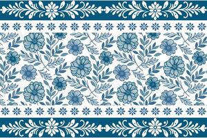 blue floral design with simplified petal and leaf sketches structured inside an embroidery inspired border vector