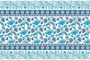 hand drawn blue floral elements in a single line style with graceful ornamental border suited for modern fabrics vector