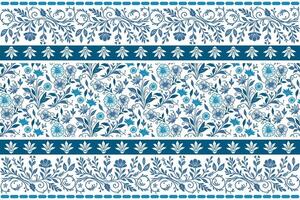 elegant blue flower sketches with outlined leaves and delicate border pattern ideal for bedsheet and pillow textiles vector