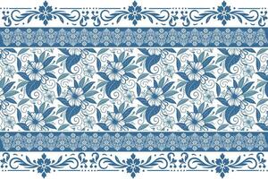 botanical illustration in clean blue ink with simple petal lines and a refined embroidery inspired border structure vector
