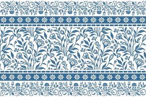 hand sketched botanical florals in blue line art with classic embroidery style border for modern textile patterns vector