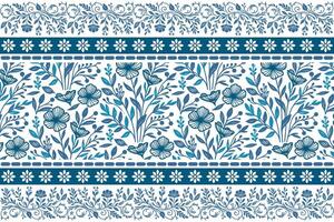 blue petal and leaf illustrations in clean line art surrounded by a simple yet elegant border frame vector