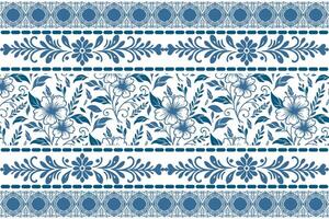 clean modern botanical pattern with blue outlined florals and thin border elements on a white background vector