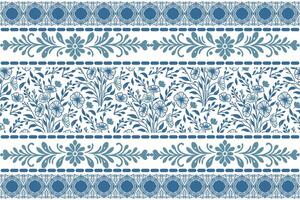 linear floral sketch featuring blue petals and outlined leaves in a structured embroidery-inspired border frame vector