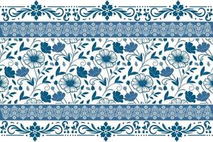 abstract floral sketch with blue petals and line drawn leaves framed in a decorative stitched border motif vector