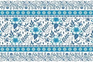 blue flower and leaf composition in fine line art with elegant ornamental border for fabric and fashion design vector