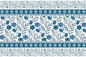 hand drawn line art of blue petals and slender leaves with a continuous ornamental border on a bright white canvas vector