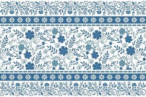blue botanical elements in one line style forming a harmonious floral pattern with stitched look borders on white background vector
