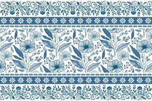 one line floral illustrations of blue flowers arranged with balance and enclosed by an ornamental linear border vector