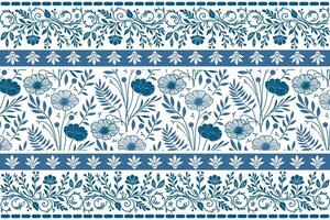 blue flower and leaf composition in single continuous line art with a detailed embroidery inspired border layout vector