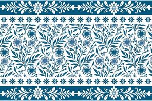 abstract botanical pattern in hand drawn blue ink with a graceful structured floral border for kitchen textile designs vector