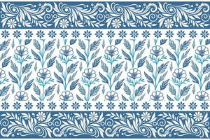 blue floral pattern featuring hand drawn single line flowers and structured ornamental border ideal for home textile design vector