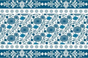 hand drawn floral design in blue ink with delicate petal and leaf motifs framed by a subtle linear ornamental edge vector