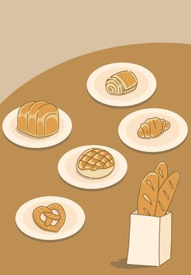 Variety of pastry baked goods shokupan, melon pan, pretzel, croissant, baguette, and danish roll on table design illustration editable for use