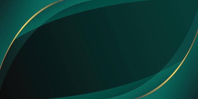 Dark emerald green abstract background with geometric border, gold lines, and copy space