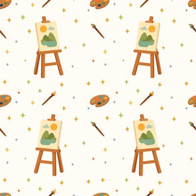 endless pattern with easel, palette, brushes and stars in pastel colors for printing, websites, textiles