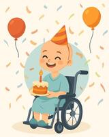 boy with a bald head in a wheelchair in a party hat and a hospital gown with a cake and balloons vector
