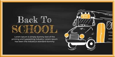 School Blackboard Background with Hand drawn Doodle School Bus, Wooden Frame and Lettering on Black Chalk or Chalkboard with Dirty Chalk Texture. Template School Background, Education Ink Icons. vector